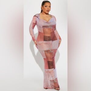 🚫 Sold 🚫 Fashion Nova orange, white and Brown mesh Bodycon Dress